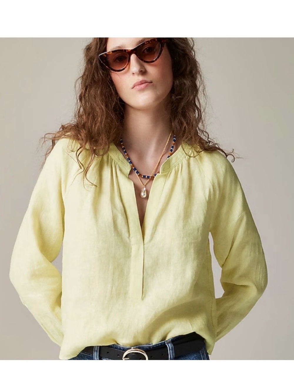 J Crew 100% Linen Light Yellow V-Neck long sleeve Blouse Sz XXL